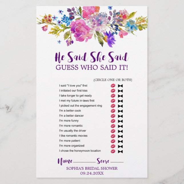 Lila und rosa Blume "He Said She" Spiel (Vorderseite)
