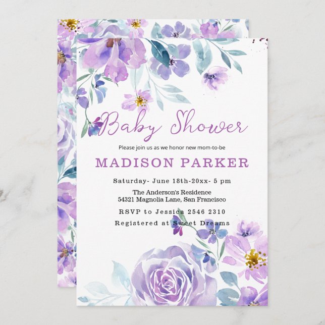 Lila und rosa Blume Kindereinladung Einladung (Vorne/Hinten)