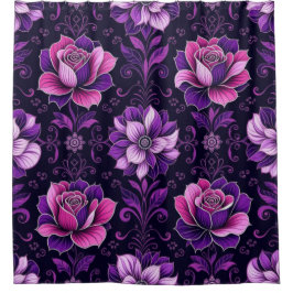 Lila und rosa Blumen schwarzer Hintergrund Duschvorhang