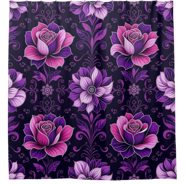 Lila und rosa Blumen schwarzer Hintergrund Duschvorhang (Vorderseite)