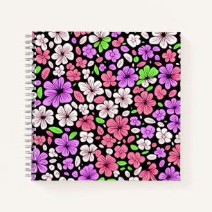 Lila und rosa Blumen und Blütenmuster Schwarz Notizbuch