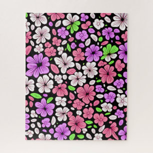 Lila und rosa Blumen und Blütenmuster Schwarz Puzzle