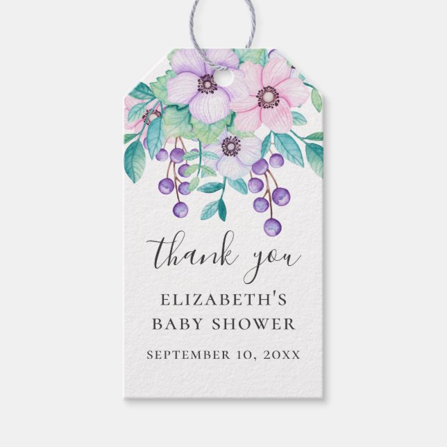 Lila und rosa Blumendusche Danke Geschenkanhänger (Vorderseite)