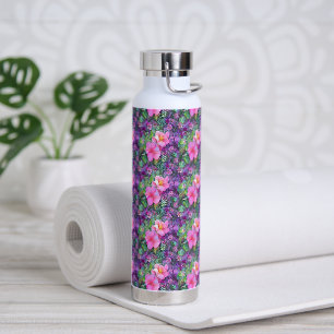 Lila und rosa botanisches Blumenmuster Trinkflasche