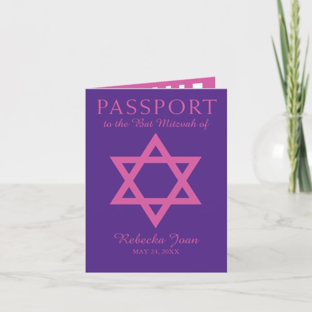 Lila und rosa Davidsstern Schläger Mitzvah Pass Einladung (Vorderseite)