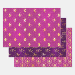 Lila und rosa Einhorn und goldenes Ornament Geschenkpapier Set