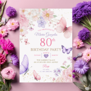 Lila und rosa florale Schmetterling 80. Geburtstag Einladung