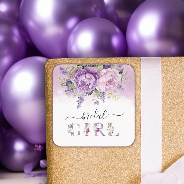 Lila und rosa Garden Blume Mädchendusche Quadratischer Aufkleber (Purple And Pink Garden Flowers Girl Baby Shower Square Sticker)