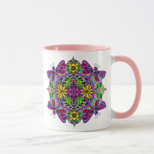 Lila und rosa Libelle und Blume Mandala Tasse