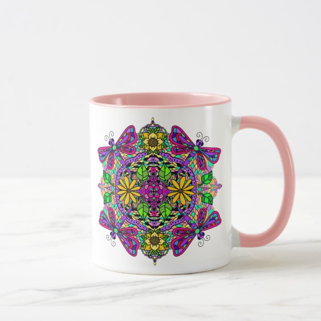 Lila und rosa Libelle und Blume Mandala Tasse (Rechts)