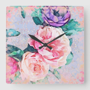 Lila und rosa Pfingstrosewreath-Wand-Uhr Quadratische Wanduhr