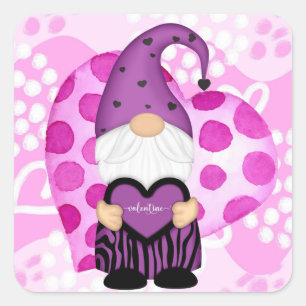 Lila und rosa Polka Dots Valentine Gnome Quadratischer Aufkleber