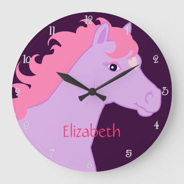 Lila und rosa Pony-personalisierte Wand-Uhr Große Wanduhr (Vorderseite)