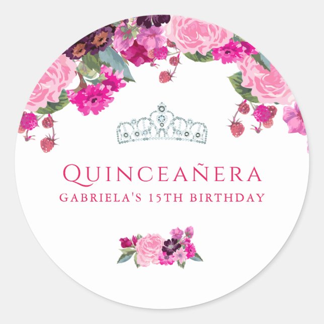 Lila und rosa Rose Quinceanera Runder Aufkleber (Vorderseite)