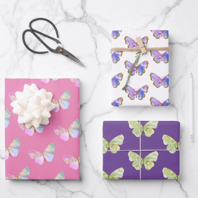 Lila und rosa Schmetterlingsgeschenk Geschenkpapier Set (Vorderseite)