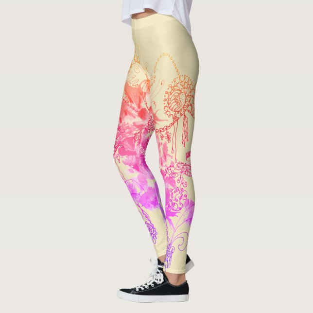 Lila und rosa Überall Florale Abstrakte Leggings (Links)