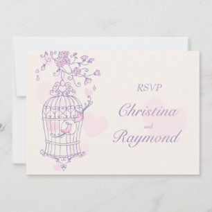 Lila und rosa Vögel öffnen Hochzeits-RSVP im Vogel Einladung