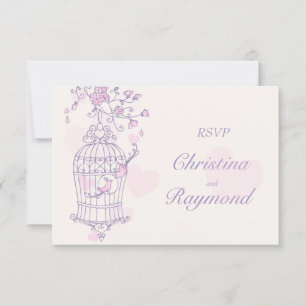 Lila und rosa Vögel öffnen Hochzeits-RSVP im Vogel RSVP Karte