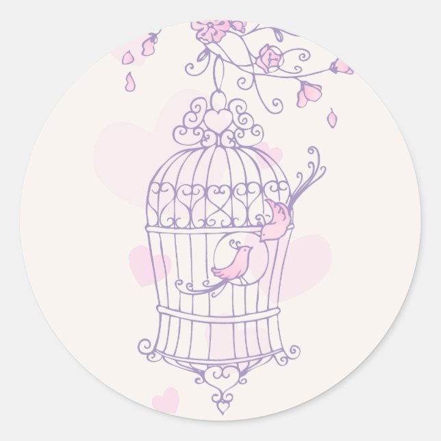 Lila und rosa Vögel öffnen Käfig Hochzeitsticker Runder Aufkleber (Vorderseite)