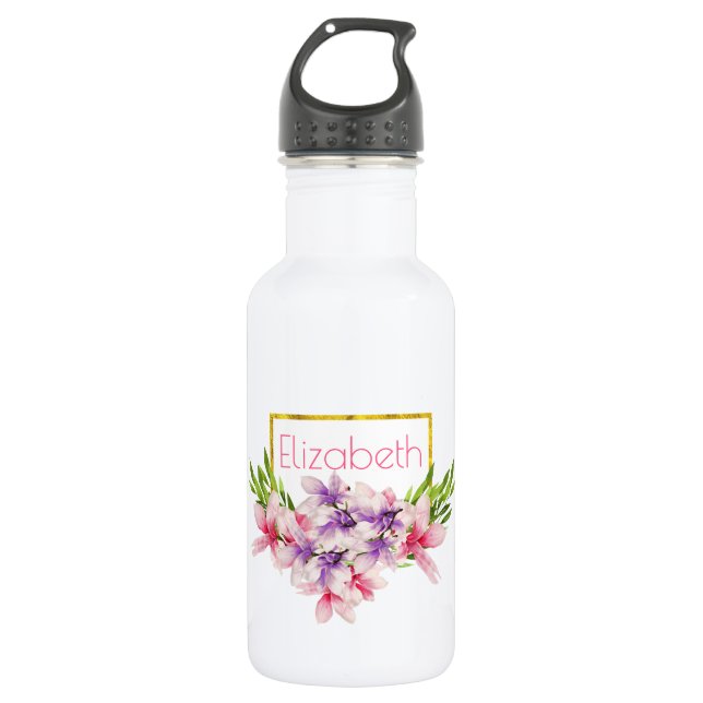 Lila und rosa Wasserfarbe Magnolia Personalisiert Edelstahlflasche (Vorderseite)