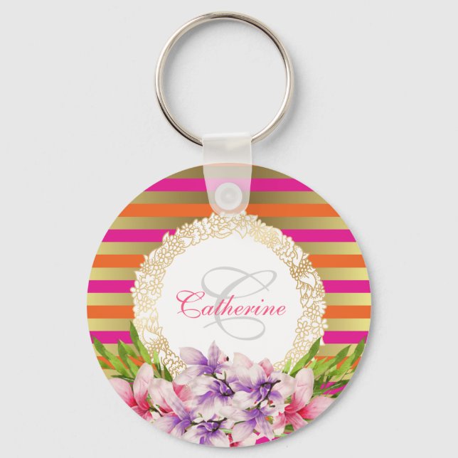 Lila und rosa Wasserfarbe Magnolia Personalisiert Schlüsselanhänger (Vorderseite)