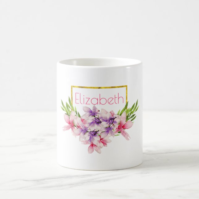 Lila und rosa Wasserfarbe Magnolia Personalisiert Tasse (Mittel)