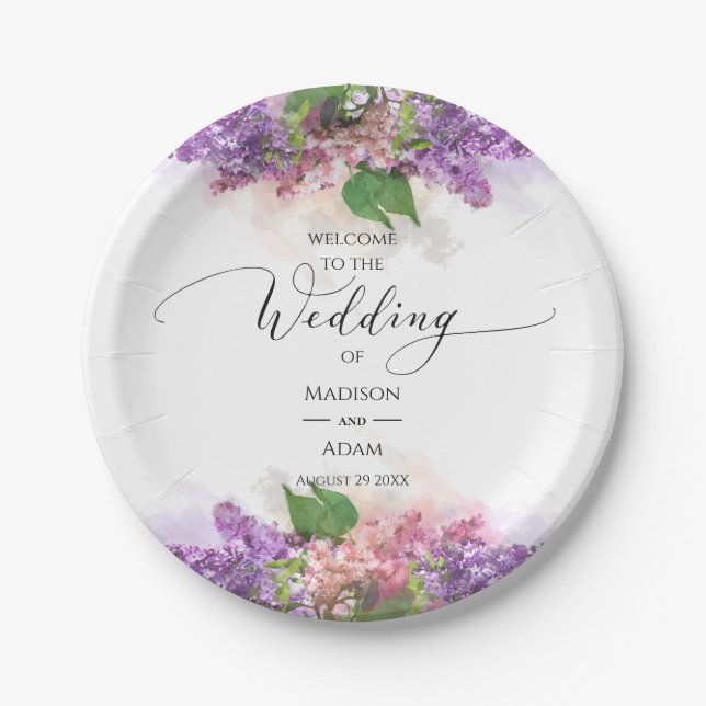 Lila und rosa Wasserfarben Lilac Blume Hochzeit Pappteller (Vorderseite)