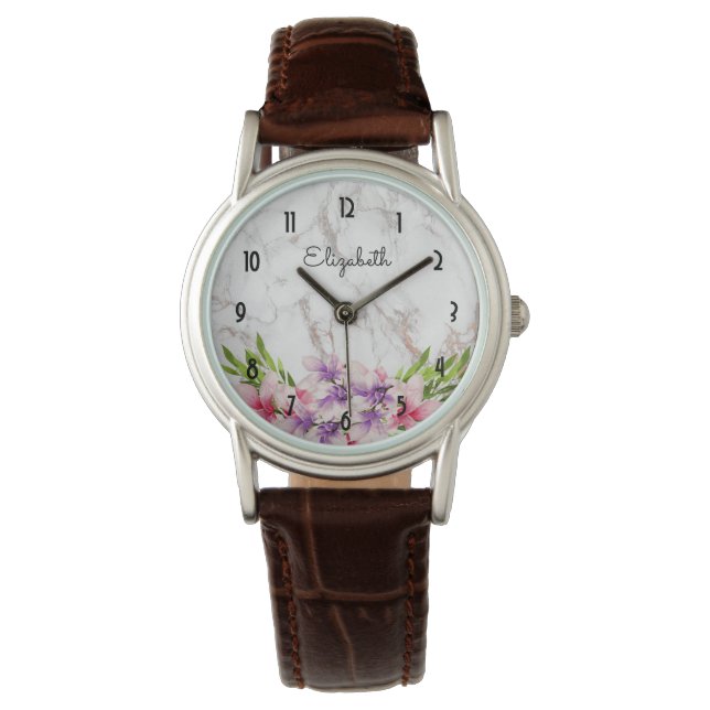 Lila und rosa Wasserfarben Magnolia Weißer Marmor Armbanduhr (Vorderseite)