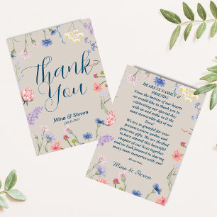 Lila und rosa Wildblumen umrahmen die Hochzeit  Dankeskarte
