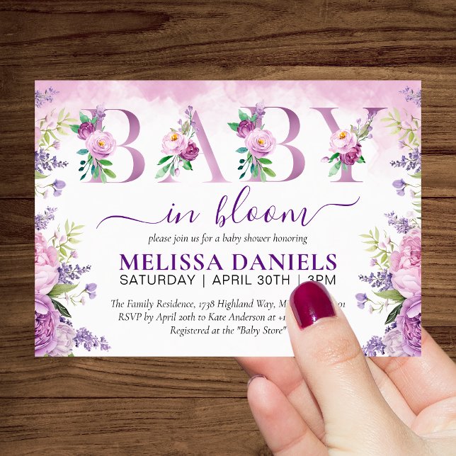 Lila und rosafarbene Blume Baby im Blut Einladung (Purple & Pink Garden Flowers Baby In Bloom Invitation)