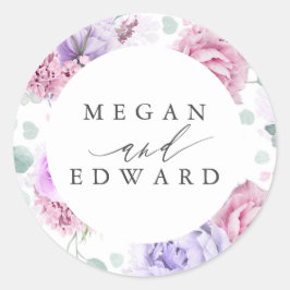 Lila und rosafarbene botanische Hochzeit Runder Aufkleber