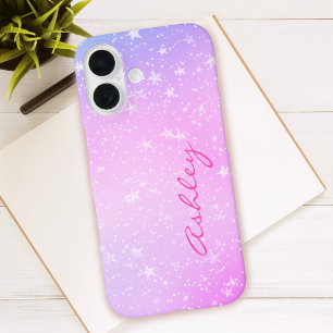 Lila- und rosafarbene Farbgebung, weiße Sterne und iPhone 16 Hülle