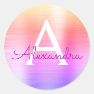 Lila und rosafarbene Girly-Metallic-Monogramm Runder Aufkleber