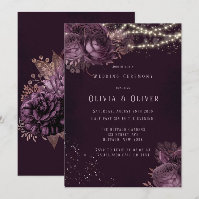 Lila und Rose Gold Peony Lights Glitzer Hochzeit Einladung (Vorne/Hinten)