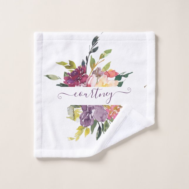 Lila und rote Aquarellblumen personalisiert Badhandtuch Set (Waschlappen)