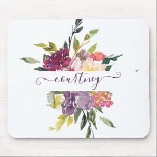 Lila und rote Aquarellblumen personalisiert Mousepad