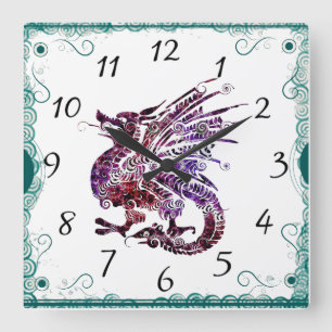 Lila und rote chinesische Art Dragon Clock Quadratische Wanduhr