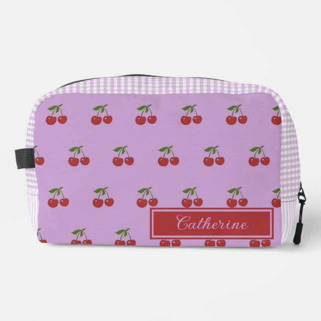Lila und rote Kirsch-Gingham-Muster einfache Früch Waschbeutel (Vorderseite)