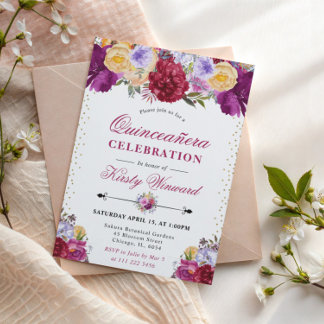 Lila und rote Sommer Blume Quinceanera Einladung