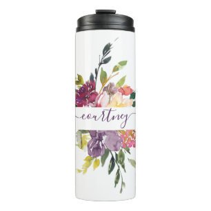 Lila und rote Wasserfarbe florale personalisiert Thermosbecher