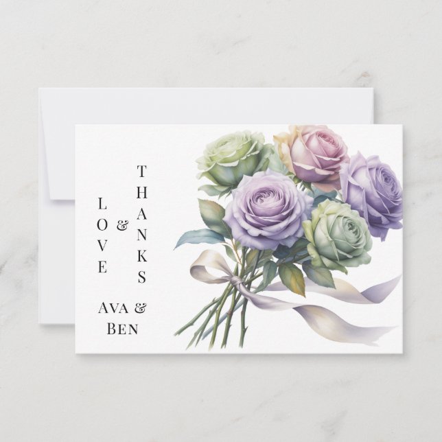 Lila und Salbeigrüne Rosen Liebe und Dank Dankeskarte (Vorderseite)
