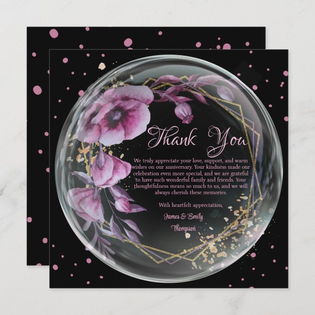 Lila und schwarze Blütenrahmen zum Hochzeitstag Dankeskarte (Vorne/Hinten)