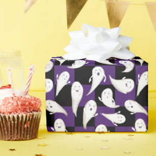 Lila und schwarze Checkerboard Ghosts Halloween Geschenkpapier