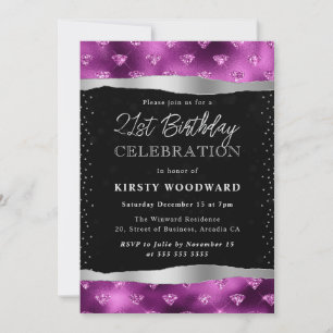 Lila und schwarze Glitter-Diamanten 21. Geburtstag Einladung