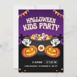 Lila und schwarze Halloween-Kinderparty-Einladung Einladung