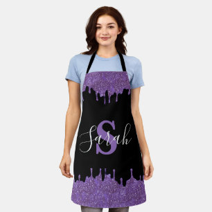 Lila und schwarze Monogramm-Glitter-Tropfen-Schürz Schürze