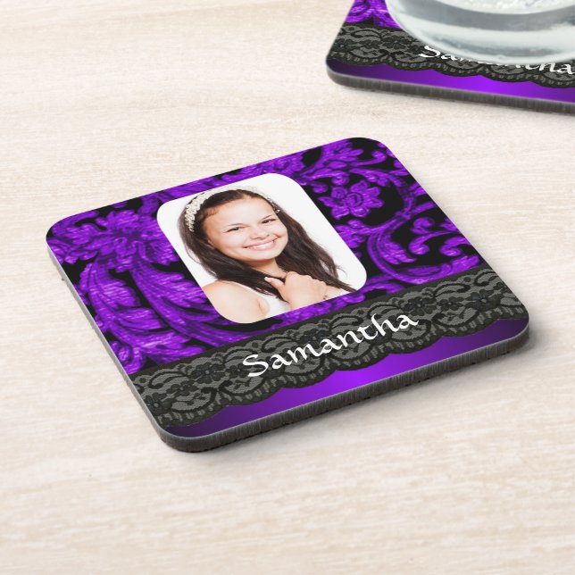 Lila und schwarze personalisierte Fotovorlage Untersetzer (Linke Seite)