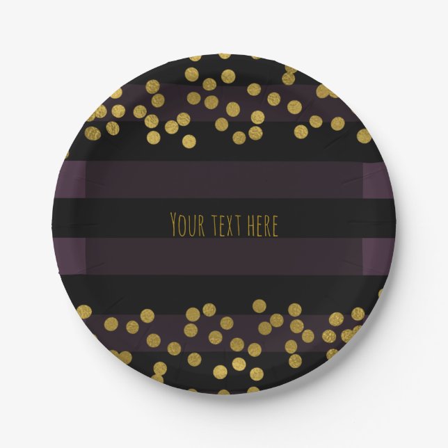 Lila und schwarze Streifen Gold Imitate Foil Dots Pappteller (Vorderseite)