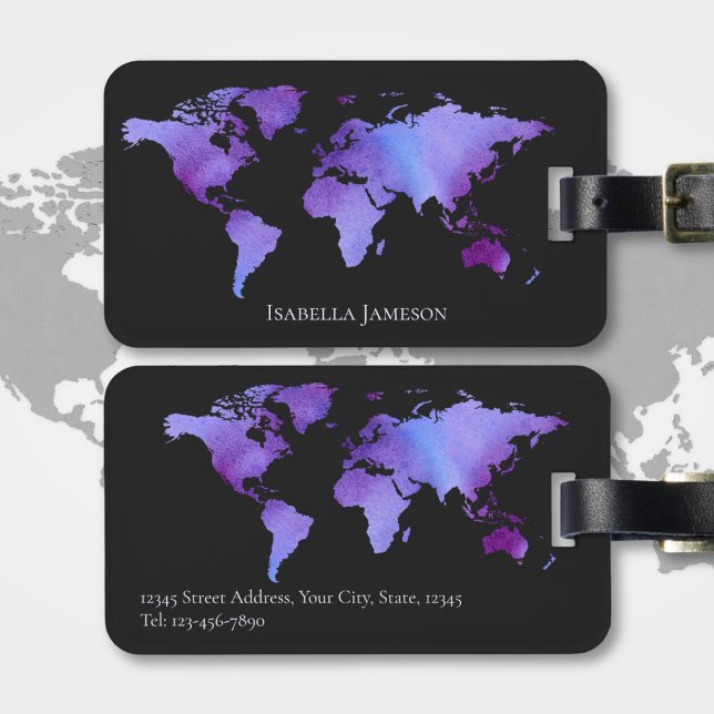 Lila und schwarze Wasserfarbe - Weltkarte Personal Gepäckanhänger (Von Creator hochgeladen)