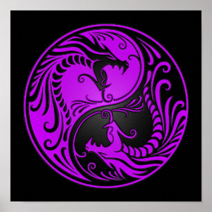Lila und schwarze Yin Yang Dragons Poster